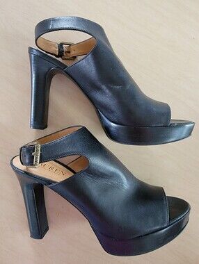 Ralph Lauren Sairah Black Leather Peep-Toe Platform Slingback Heels Size 8.5
